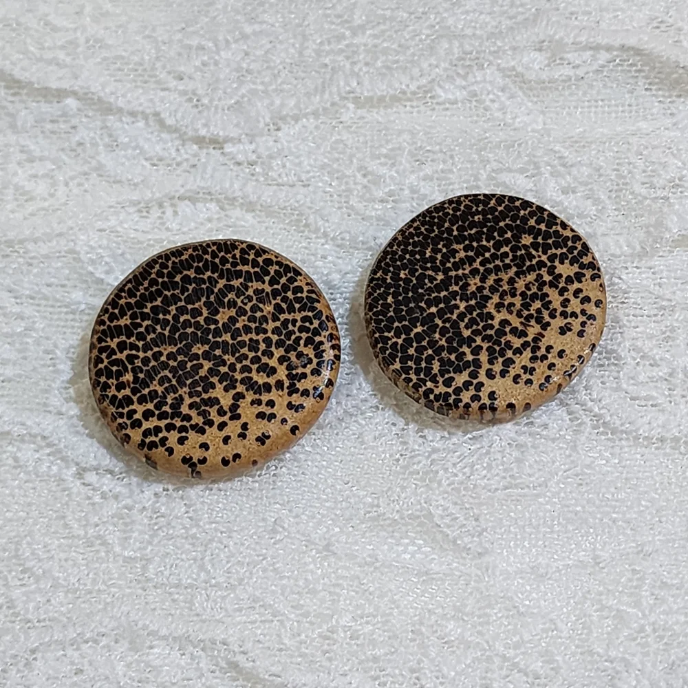 Vintage Round Wooden Animal Print Tan and Black Pierced Earrings